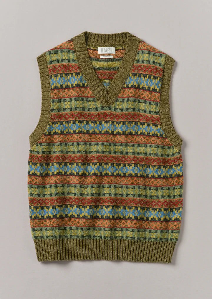 V Neck Fairisle Tank Sand Multi - Merchant Menswear