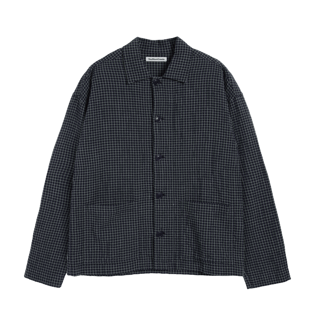 YMC PJ Mercerised Cotton/Linen Shirt Navy Check - Merchant Menswear