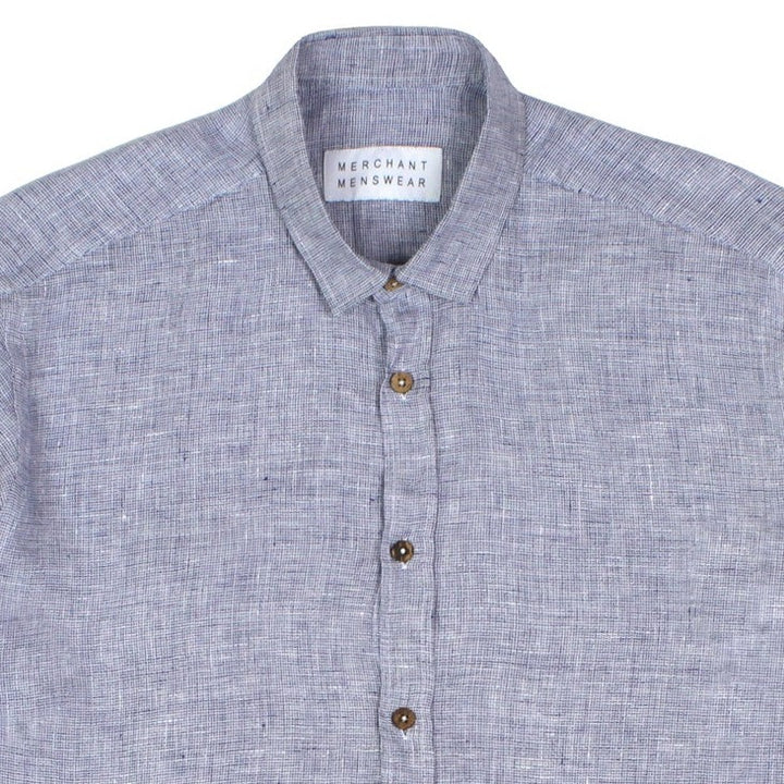 Merchant Menswear Mercante Basket Weave Linen Shirt Viareggio Blue Collar Detail Image
