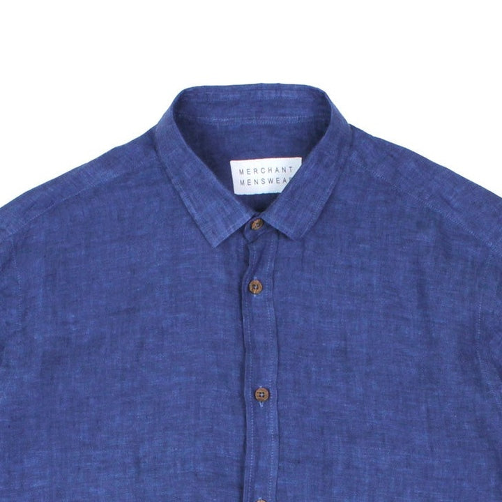 Merchant Menswear Mercante Linen Shirt Rimini Blue Collar Detail Image