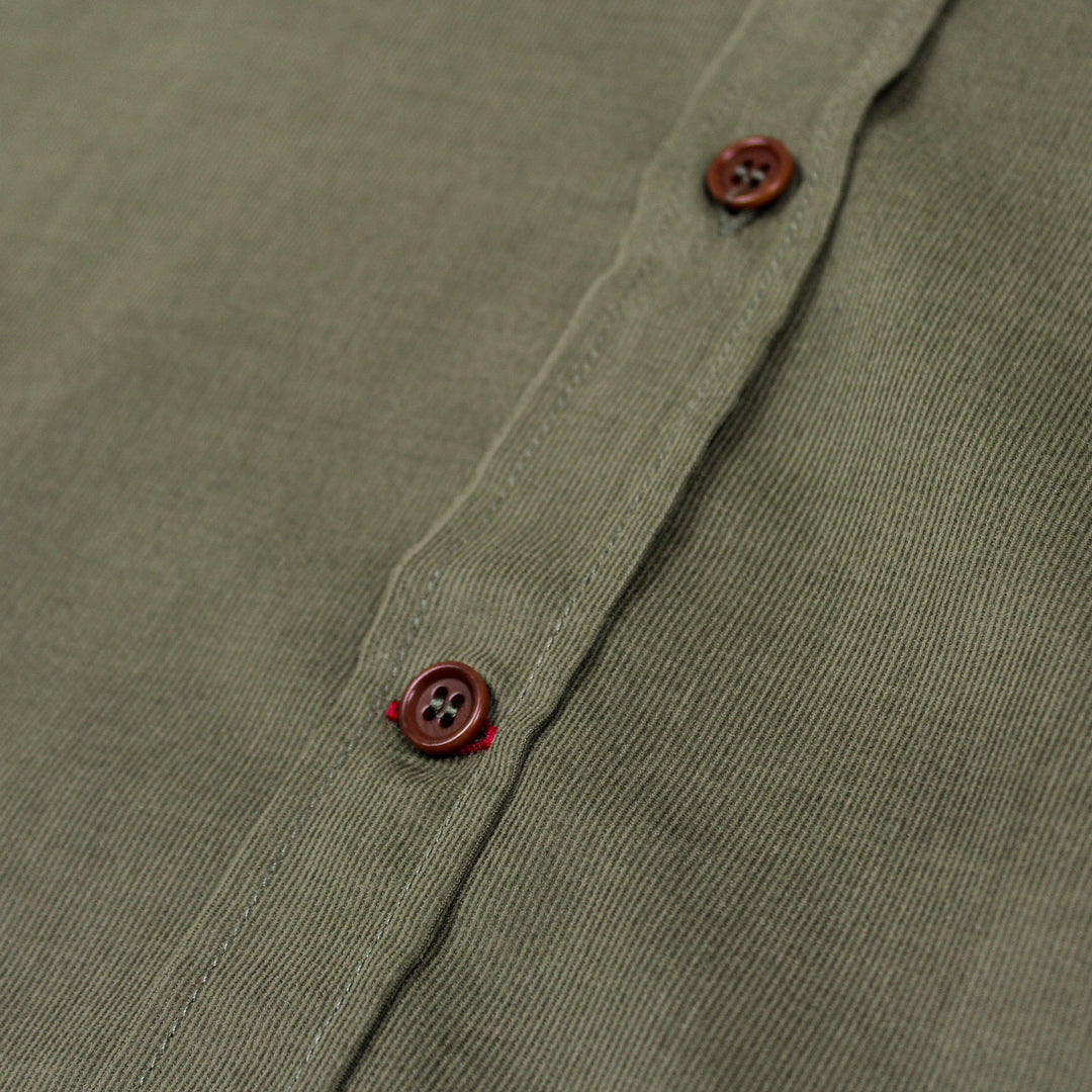 Merchant Menswear Mercante Babycord Shirt Saggio Green Close Up Detail Image