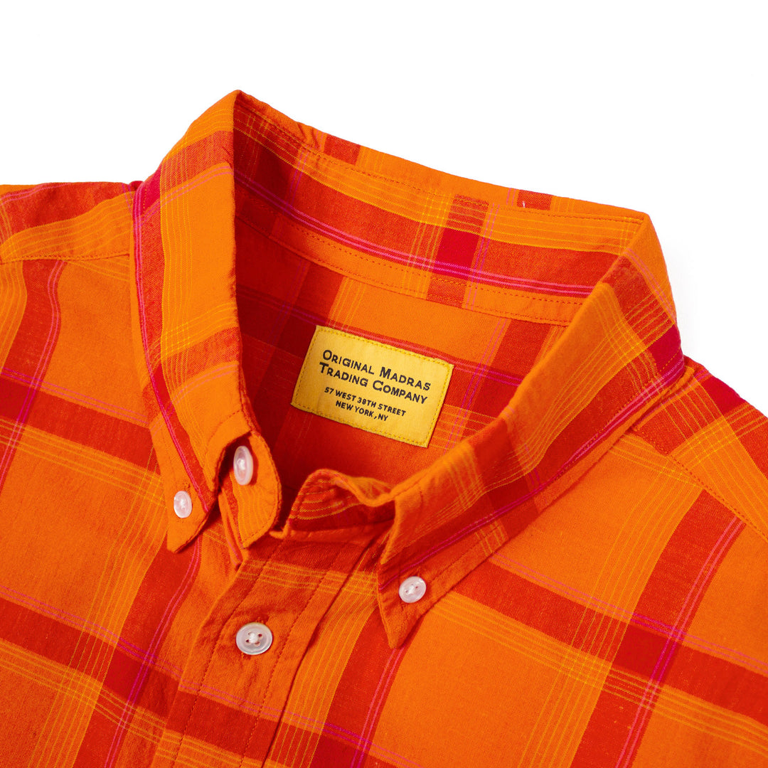 Original Madras Trading Co. Short Sleeve Madras Check Shirt Brilliant Orange Collar Detail Image
