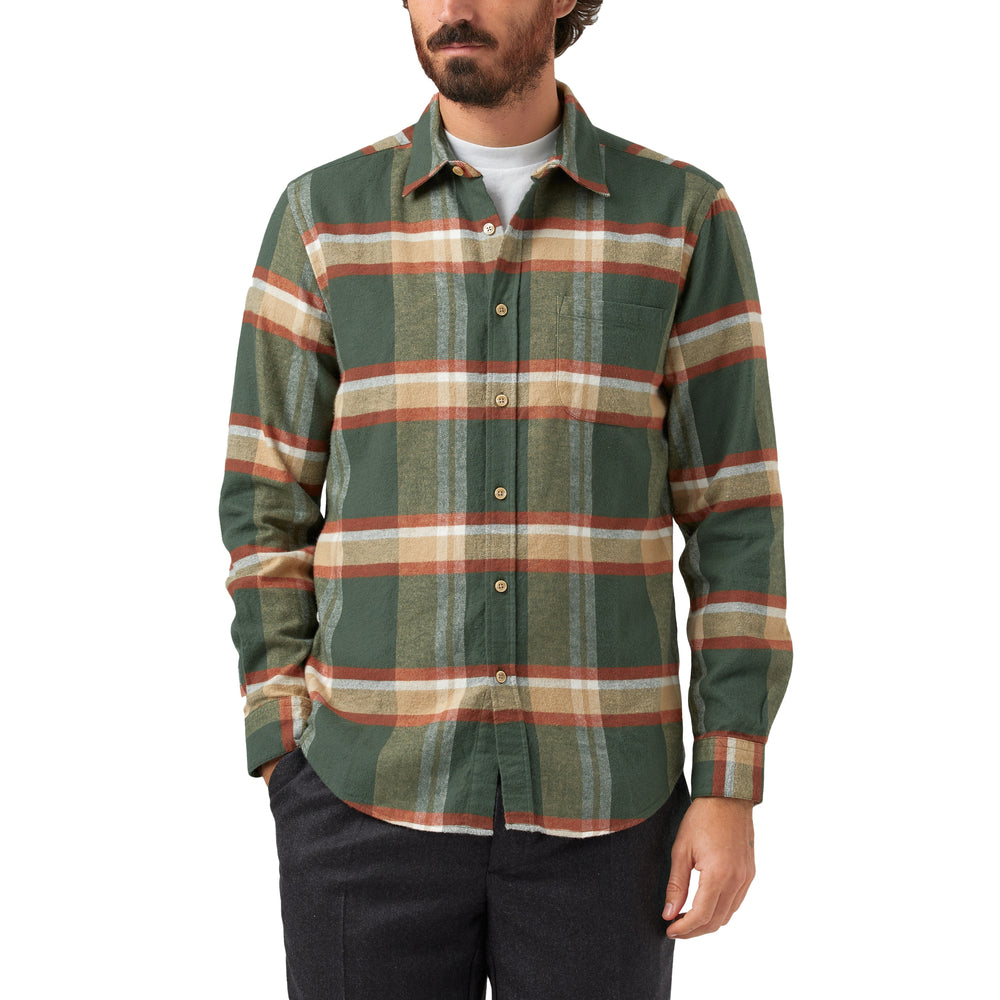Portuguese Flannel Farm Plaid Shirt Green Multi Model Front View Image