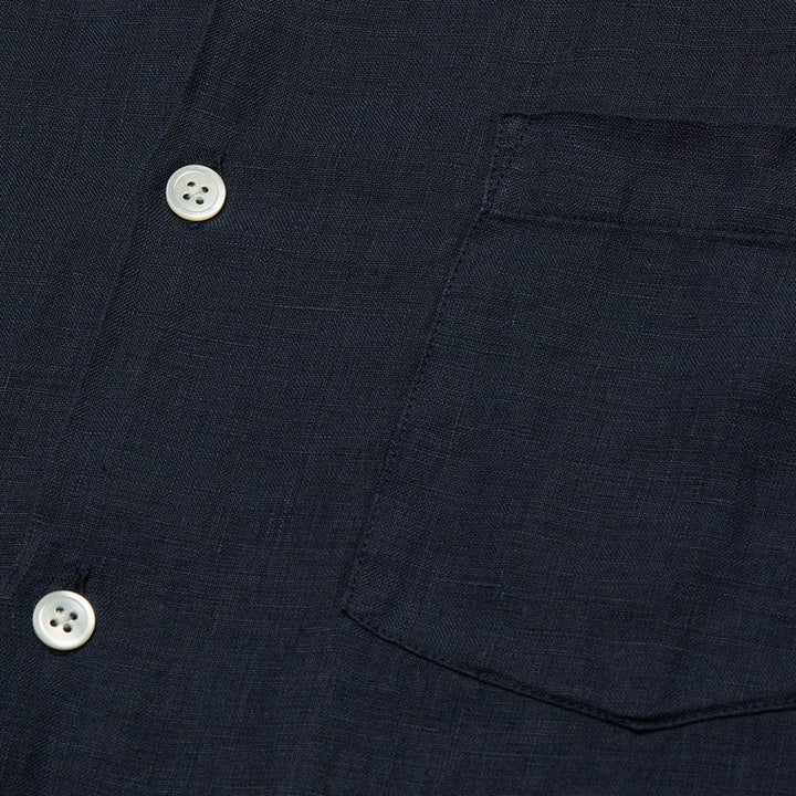 Portuguese Flannel Linen Camp Collar Shirt Navy Close Up View