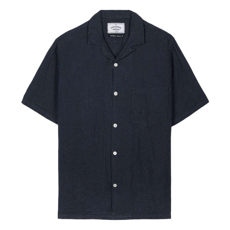Portuguese Flannel Linen Camp Collar Shirt Navy Front View