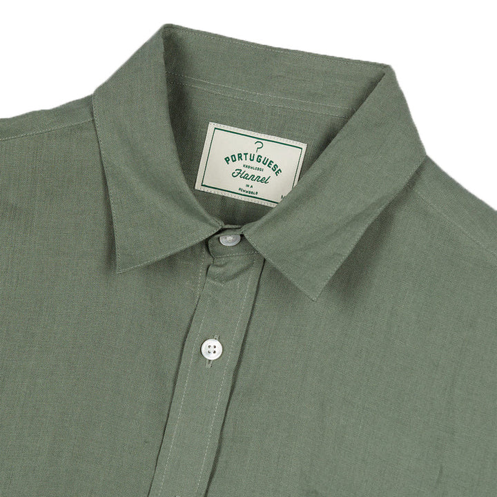 Portuguese Flannel Long Sleeve Linen Shirt Dry Green Close Up Front Image
