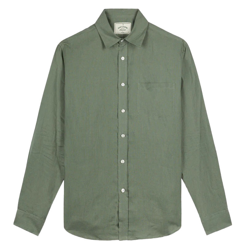 Portuguese Flannel Long Sleeve Linen Shirt Dry Green Front Image