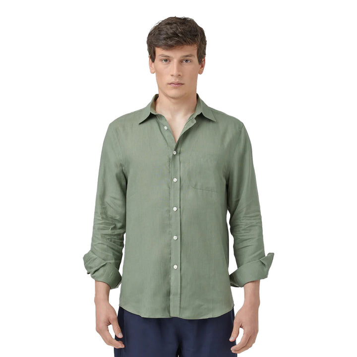 Portuguese Flannel Long Sleeve Linen Shirt Dry Green Model Front Image