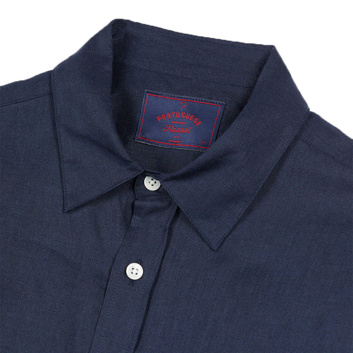 Portuguese Flannel Long Sleeve Linen Shirt Navy Close Up Image