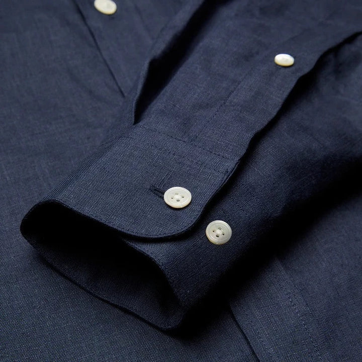 Portuguese Flannel Long Sleeve Linen Shirt Navy Cuff Detail Image