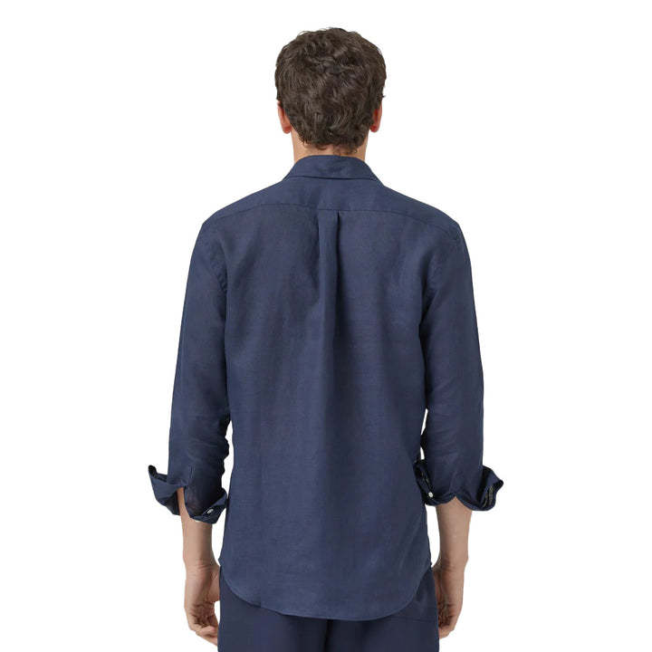 Portuguese Flannel Long Sleeve Linen Shirt Navy Model Back Image