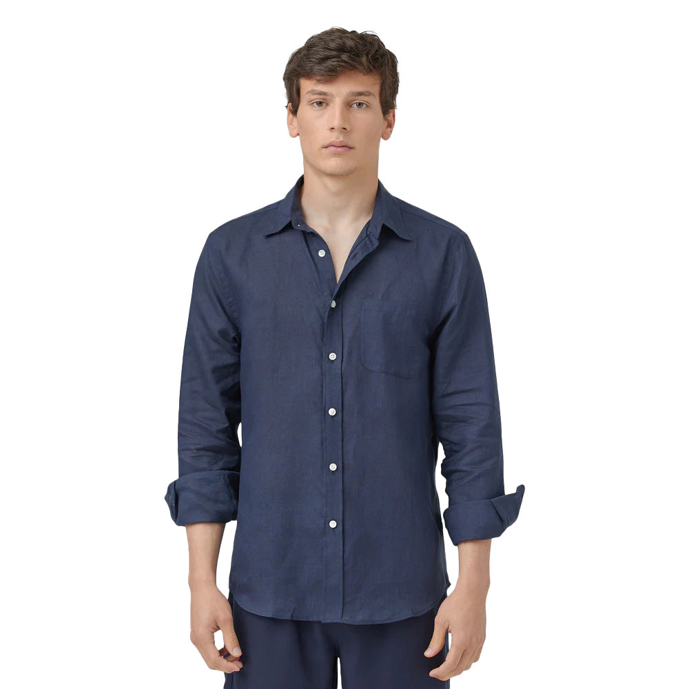 Portuguese Flannel Long Sleeve Linen Shirt Navy Model Front Image