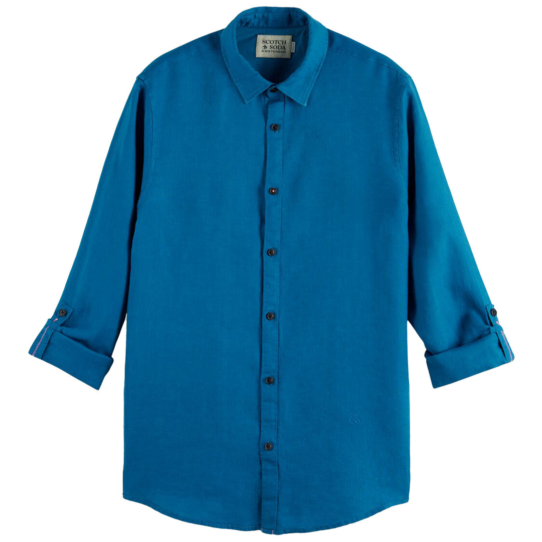 Scotch & Soda Linen Shirt in Kingfisher Front Rolled Sleeve Image