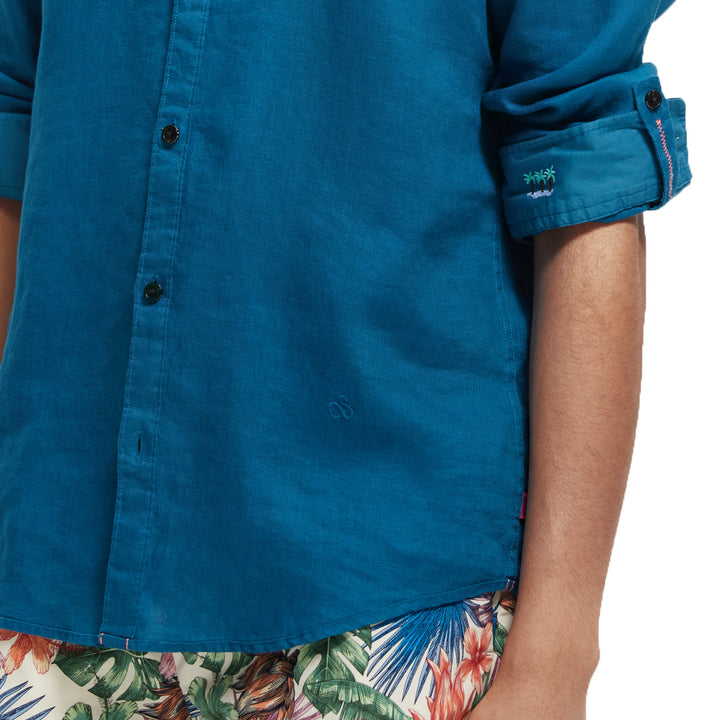 Scotch & Soda Linen Shirt in Kingfisher Rolled Sleeve Detail Image