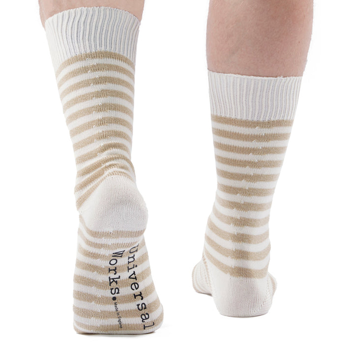 Universal Works Cotton Stripe Sock Ecru Model Back View Image