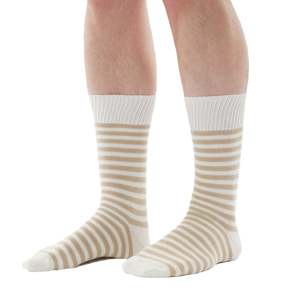 Universal Works Cotton Stripe Sock Ecru Model View Image