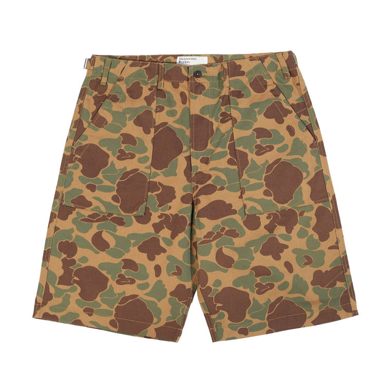 Universal Works Fatigue Short In Camo Sand Front View Image