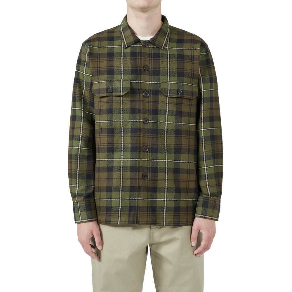 Universal Works Utility Shirt In Olive Moorland Check Model Front Image