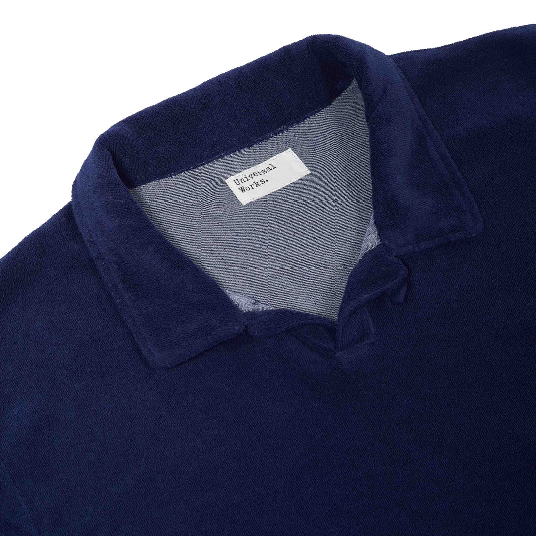 Universal Works Vacation Polo in Terry Fleece Ink Blue Collar View Image